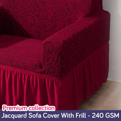 Elastic Stretchable Designer Woven Jacquard Sofa Cover with Frill, Wine Red