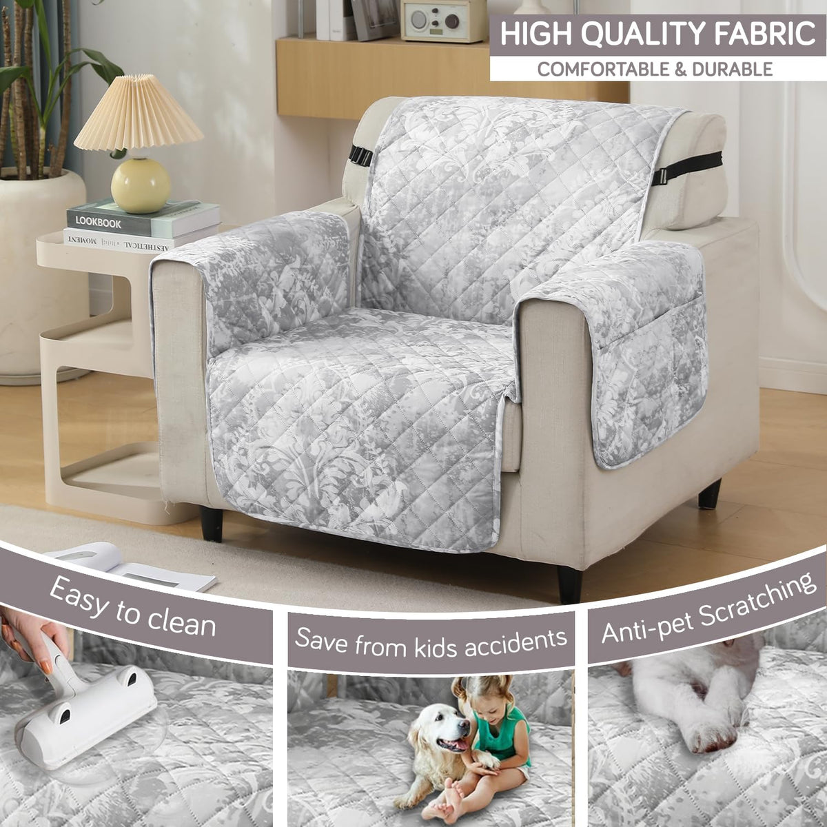 Motifs Cloud Grey print 1 seater quilted waterproof sofa cover - Comfortable & Durable| Hokipo