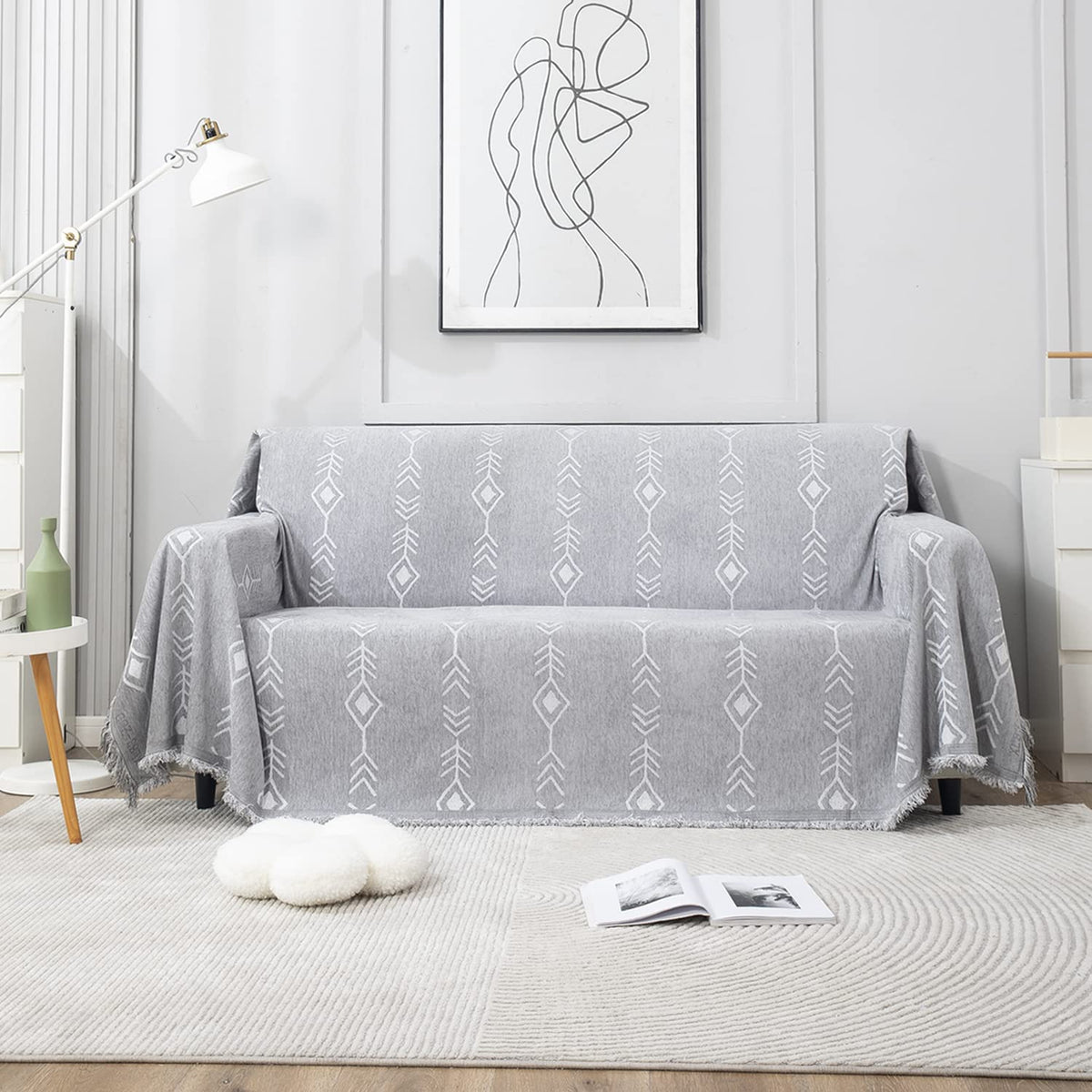 Thick, Soft and Pet Friendly Chenille Sofa Cover Throw, Grey Aztec