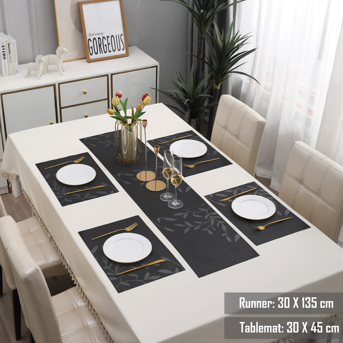 PVC Dining Table Mats, Black Leaves