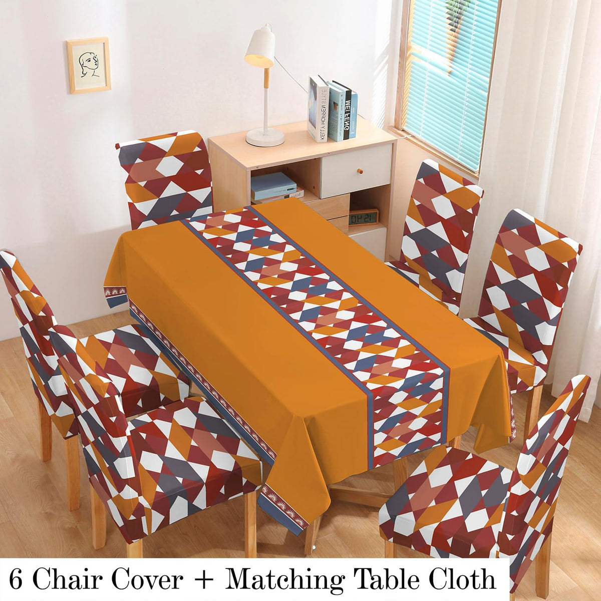 Polyester Dining Chair Covers Set of 4/6 with Matching Tablecloth, Parallelogram Ochre Brown