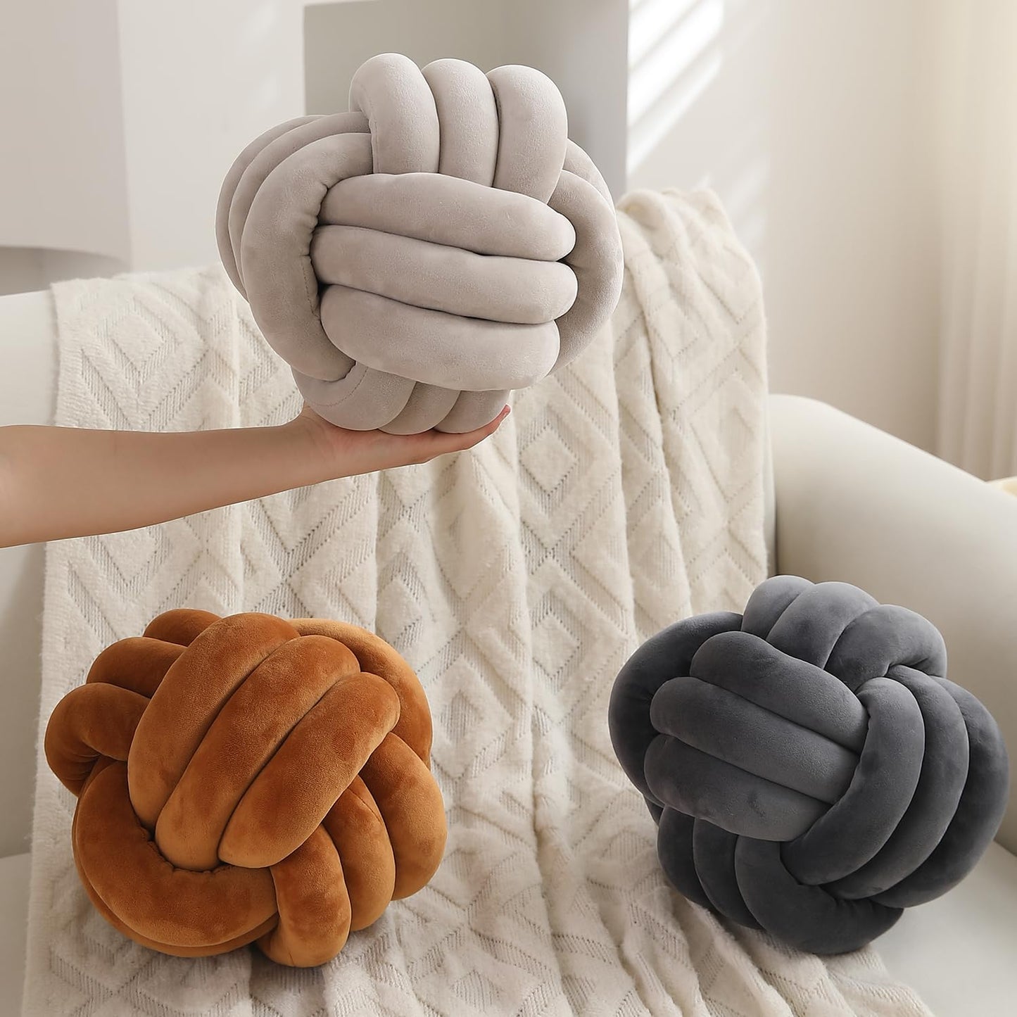 Knot Ball Cushion Pillow Soft Plush Velvet Decorative Throw Pillow - Charcoal Grey