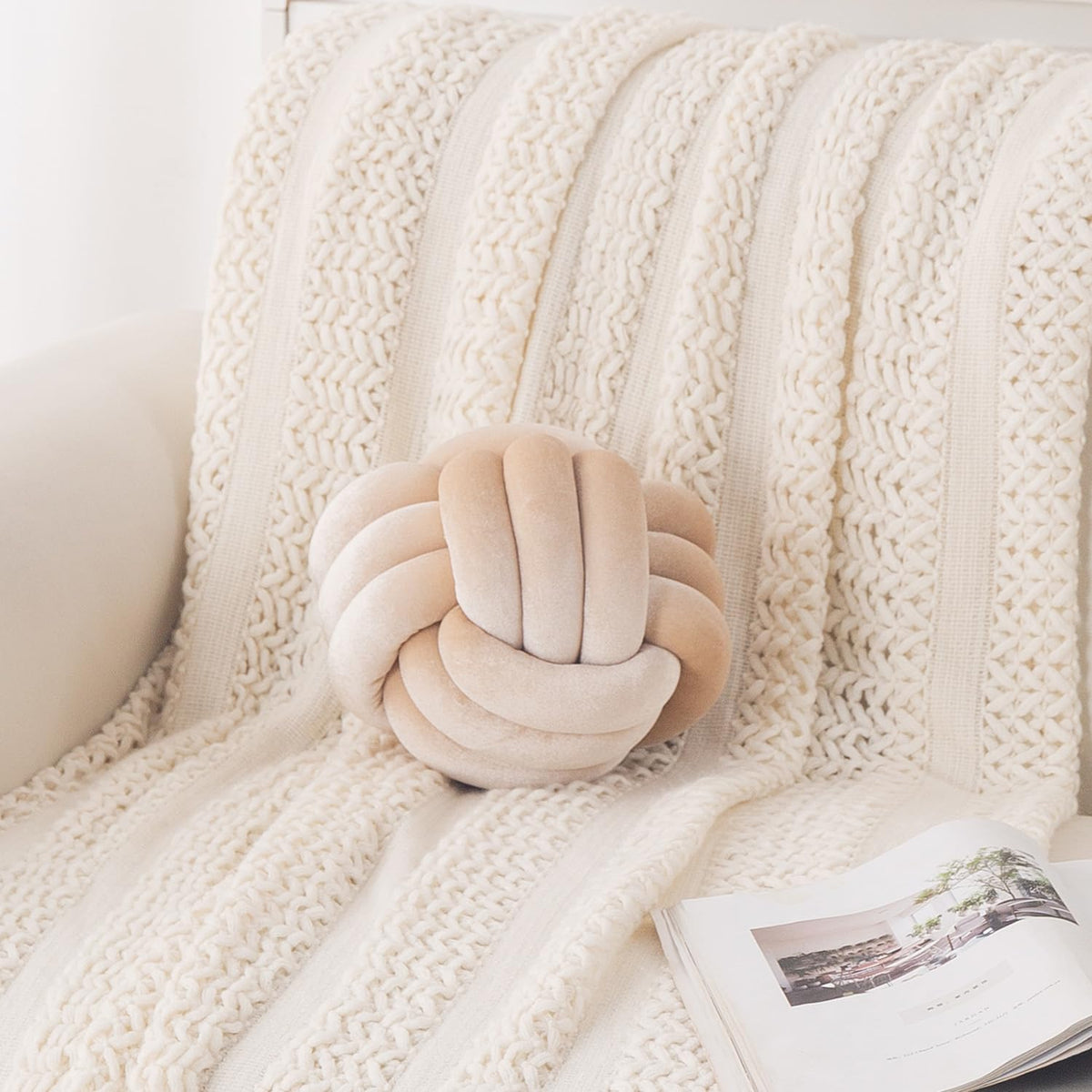 HOKIPO Velvet Knot Ball Cushion for Sofa & Bed, 20 cm, Cream