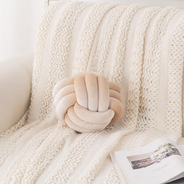 HOKIPO Velvet Knot Ball Cushion for Sofa & Bed, 20 cm, Cream