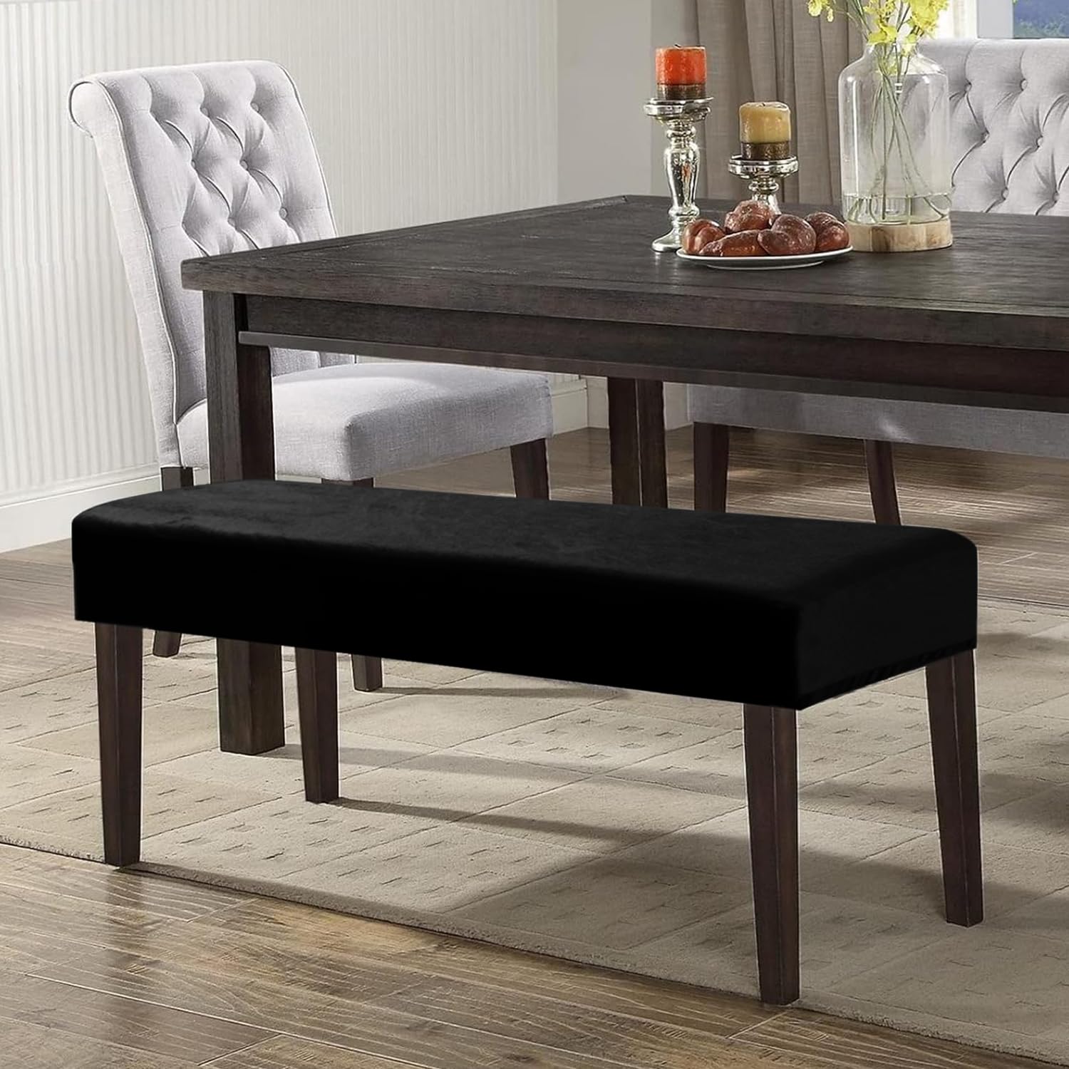 Elastic Fitted Dining Bench Cover, Black