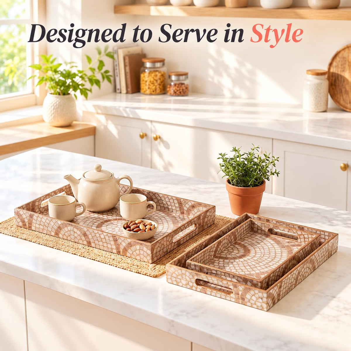 HOKIPO Serving Tray Set of 3, Engineered Wood, Meher Mosaic - image 3