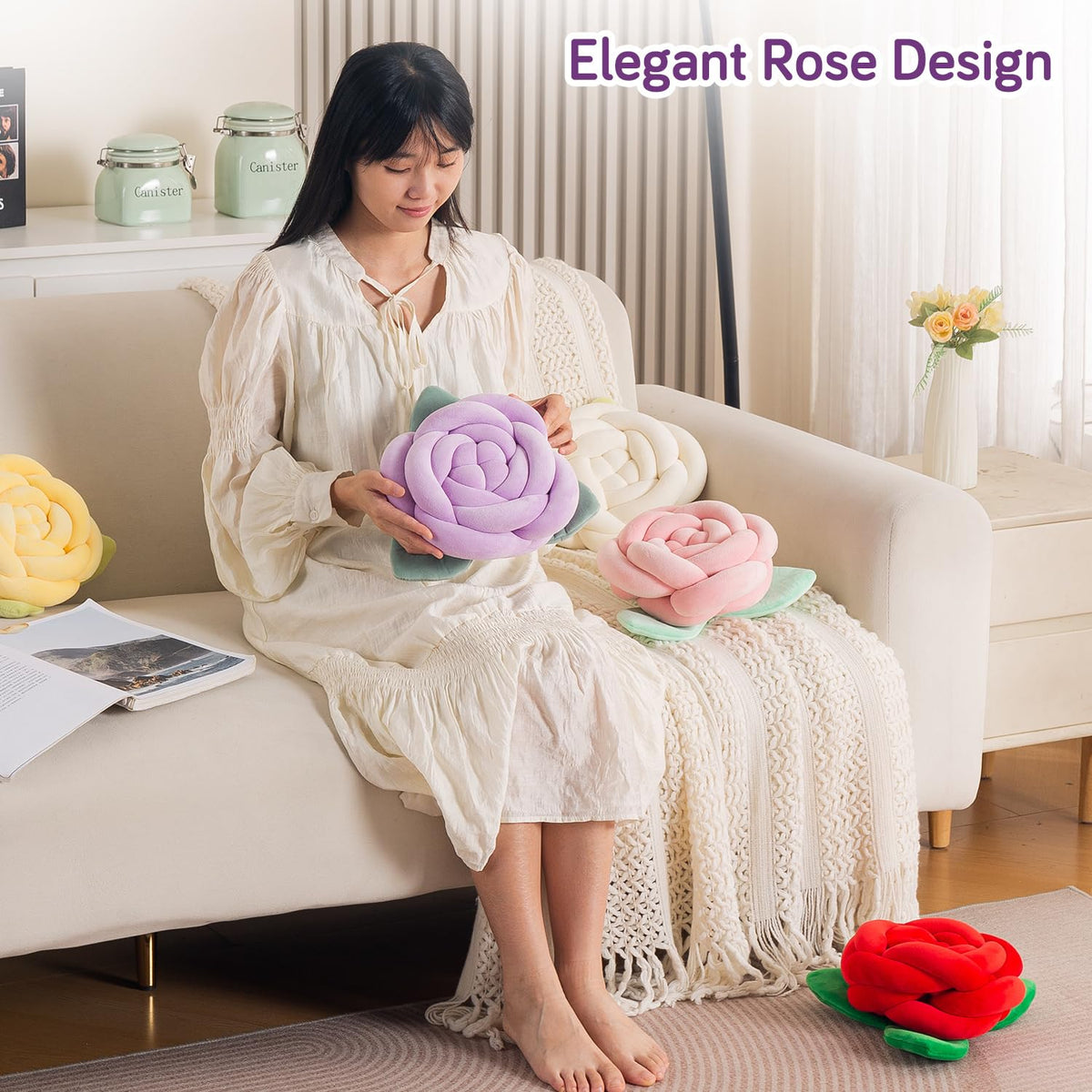 HOKIPO Rose Flower Shaped Cushion for Sofa & Bed, 22 cm, Purple