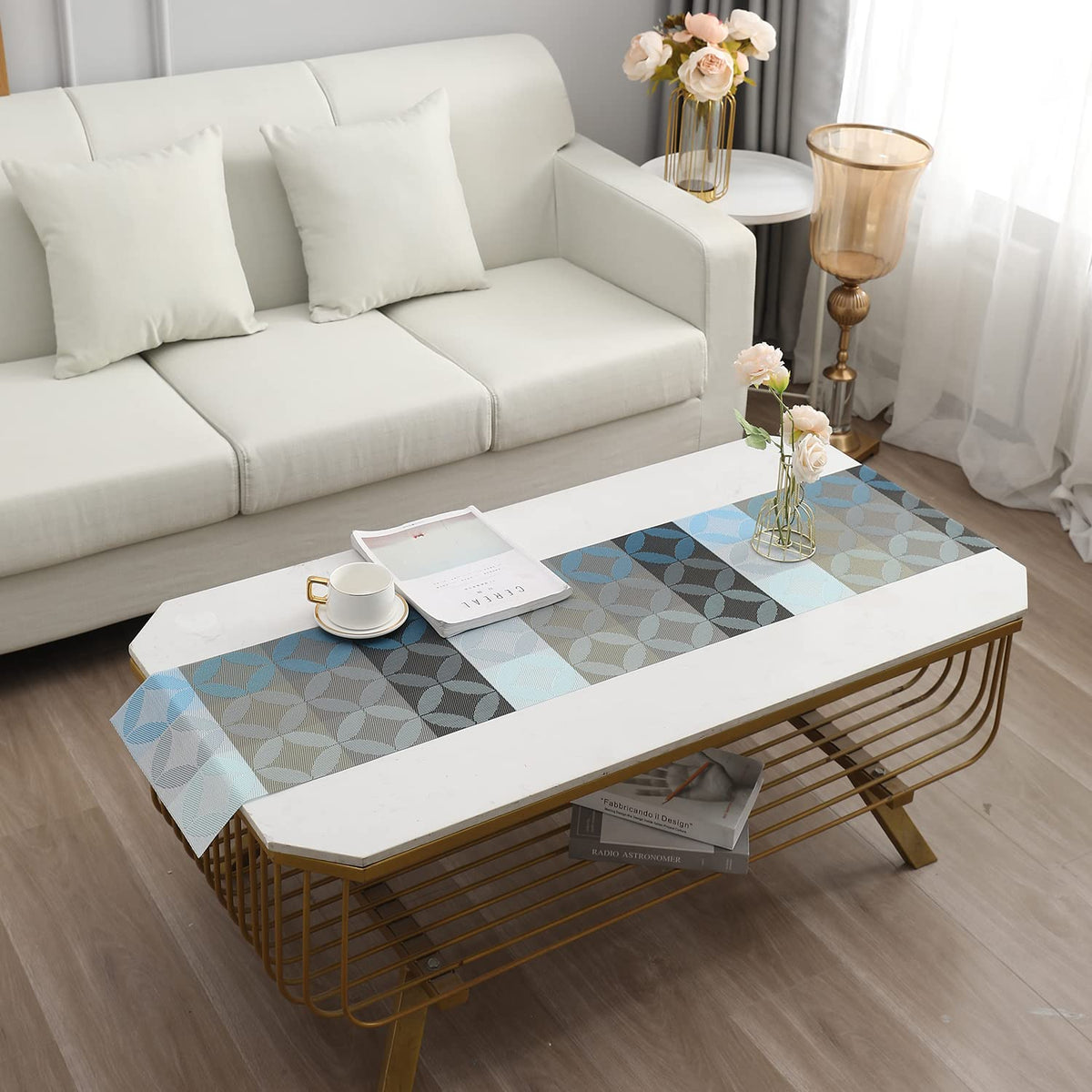 Buy Geometric Blue Colour PVC Center & Coffee Tables Runner | HOKIPO