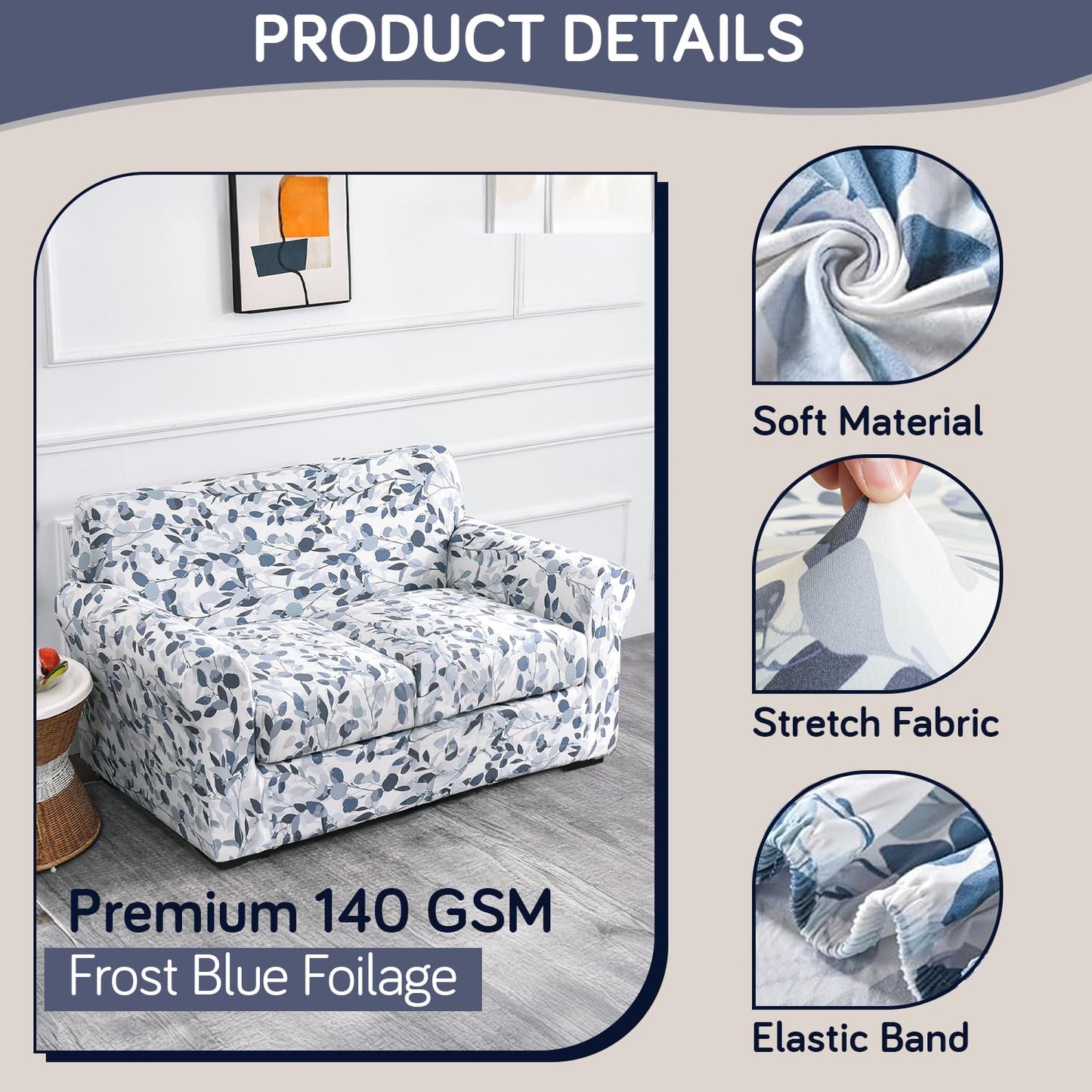 Printed Stretchable Sofa Slipcover with 1/2/3 Pc Separate Seat Cushion Cover for each 1/2/3 Seater,Frost Blue Foilage