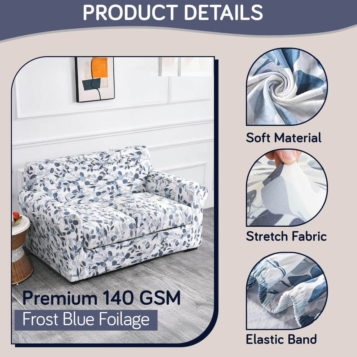 Printed Stretchable Sofa Slipcover with 1/2/3 Pc Separate Seat Cushion Cover for each 1/2/3 Seater,Frost Blue Foilage