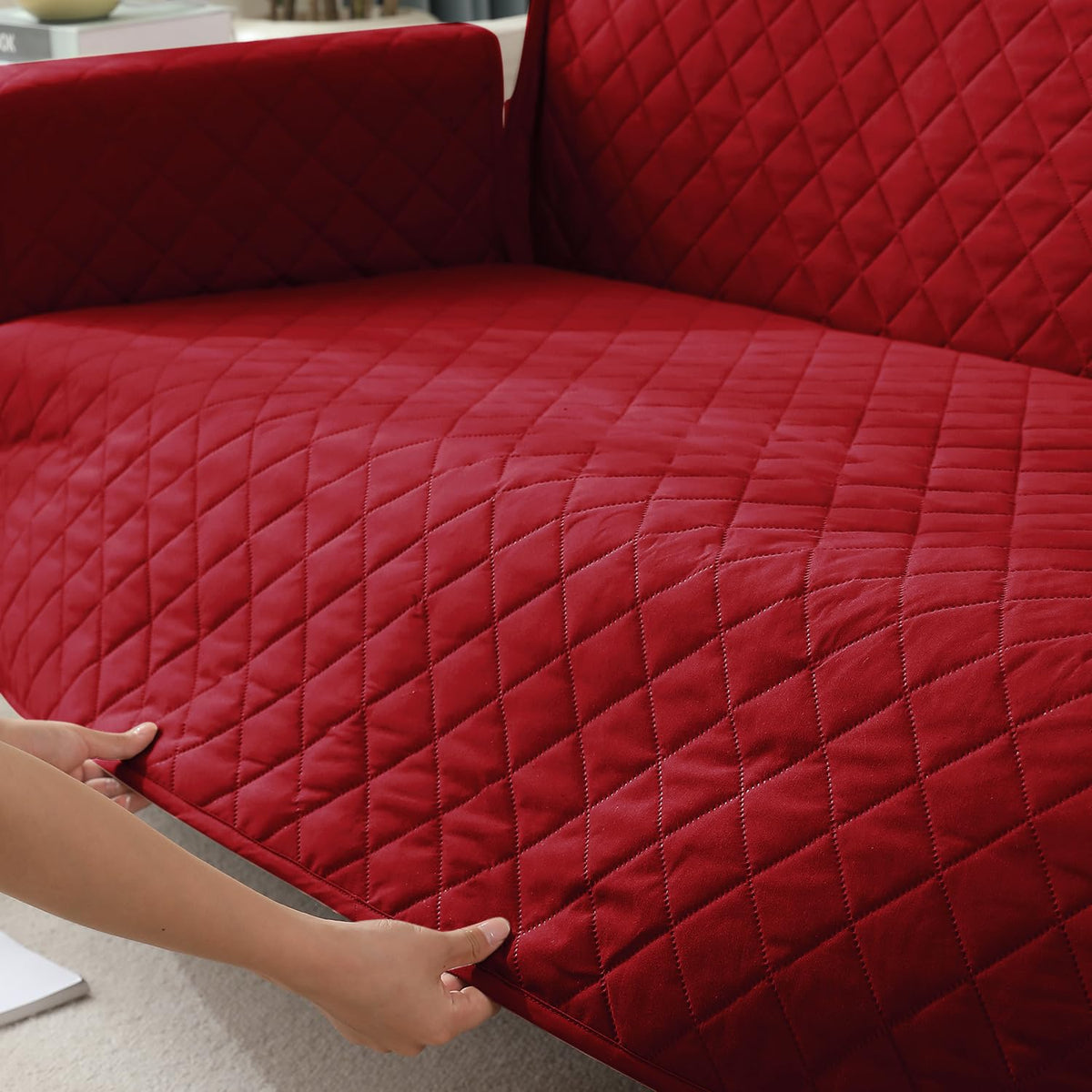 Red Fully fitted quilted waterproof sofa cover | Hokipo