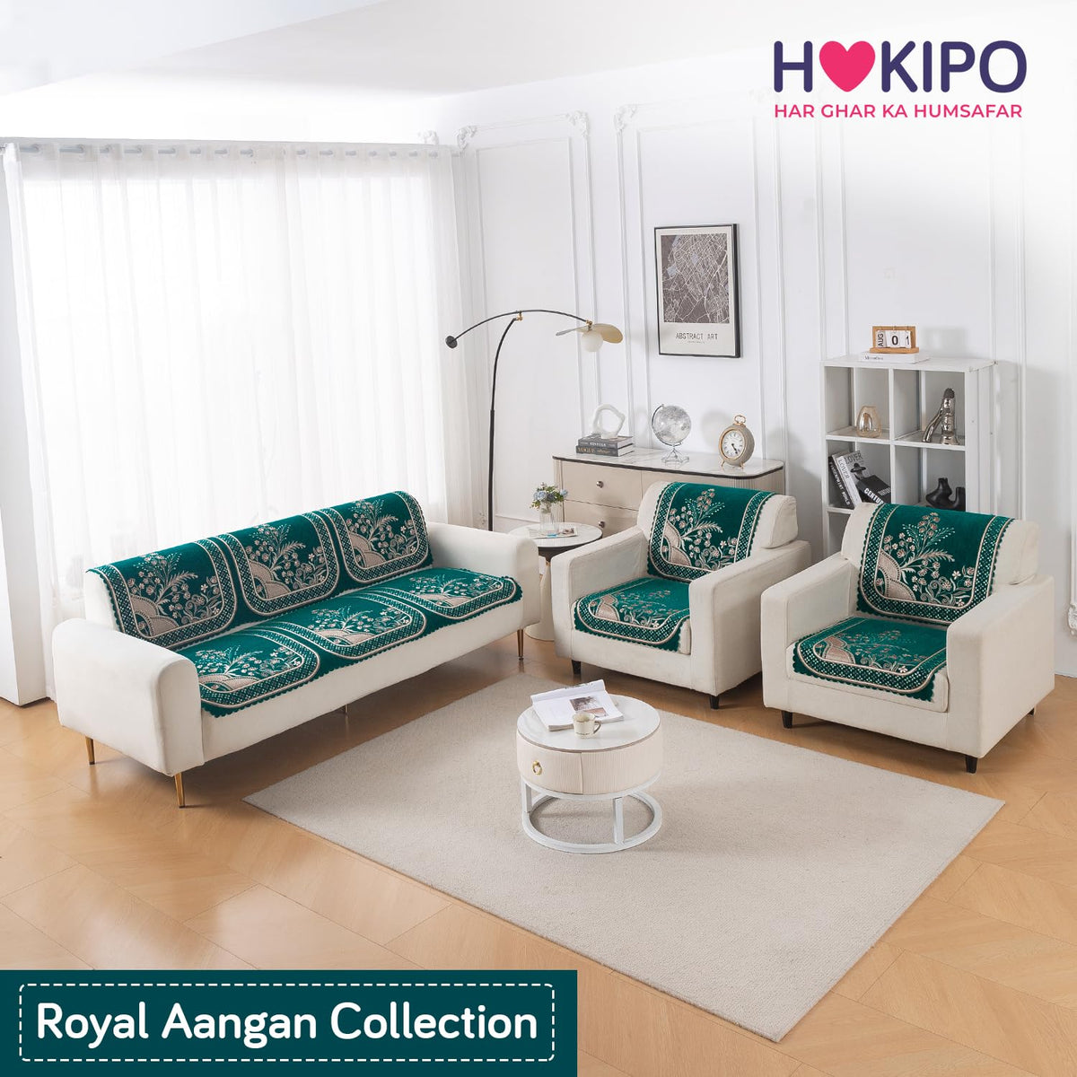 Royal Aangan Premium Chenille Jacquard Sofa Cover 5 Seater Set 3+1+1 Sofa Cover for Seat & Back, Mehfil Teal
