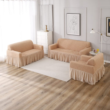 Beige Elastic stretchable Turkish Bubble frill sofa cover set available for 1, 2, 3, 4, 5, 6 & 7 seater sofas
