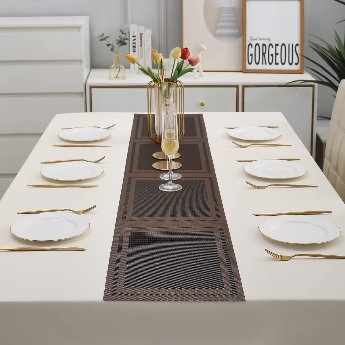 Buy Copper Brown Colour PVC Dining Table Runner for 6 Seater Tables | HOKIPO