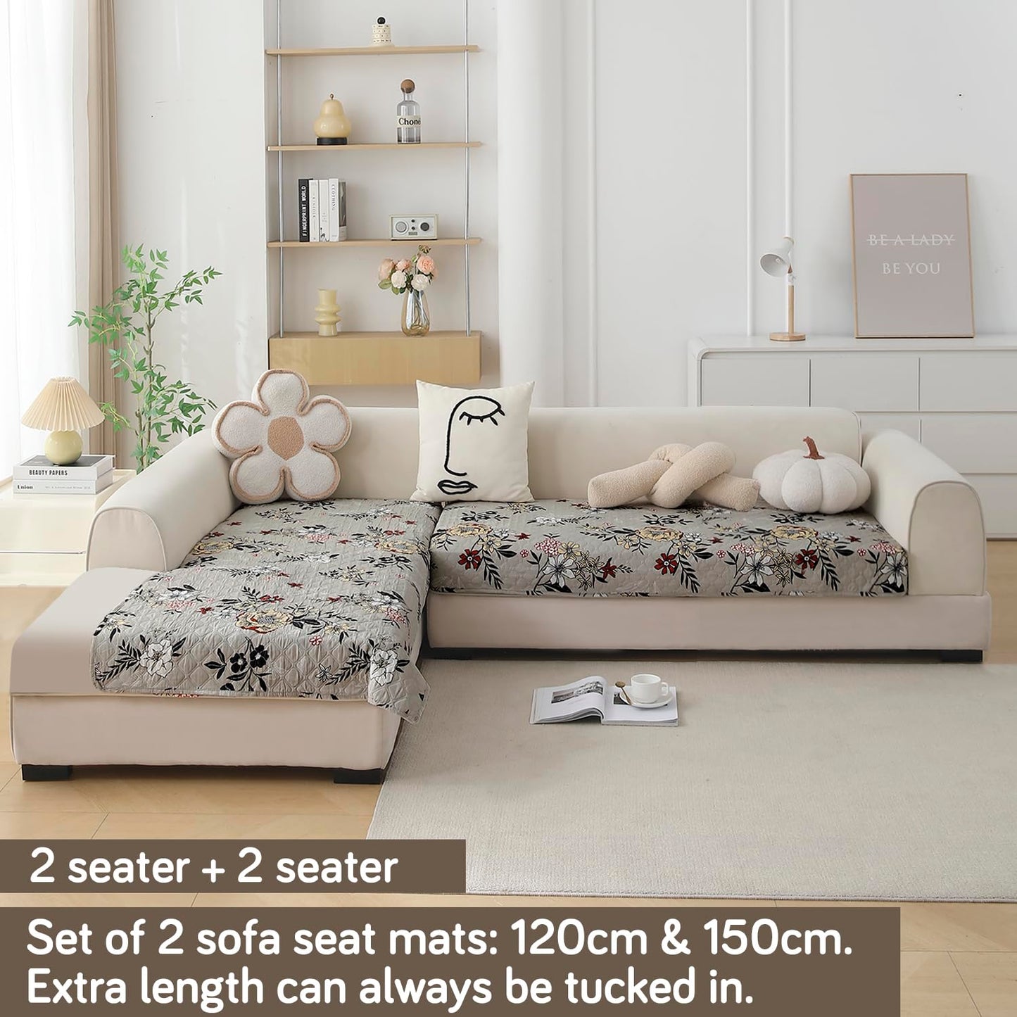 L Shape Sofa Cover Mat for 2+2/3+2/3+3 Seater, Quilted Printed Floral Ash Grey