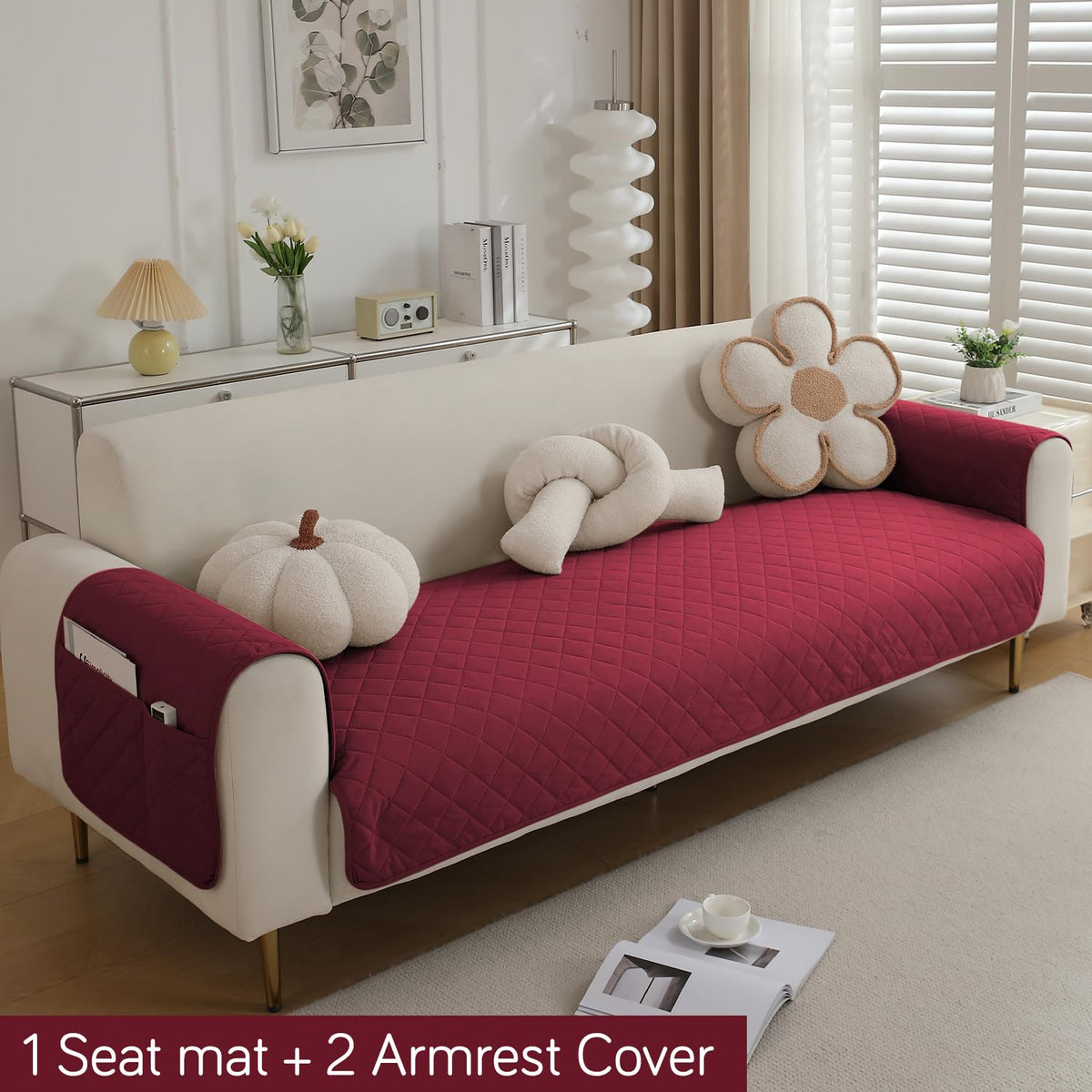 Quilted Waterproof Sofa Seat Mat for 1/2/3 Seater Sofa with 2 Armrest Covers with Pockets, Maroon