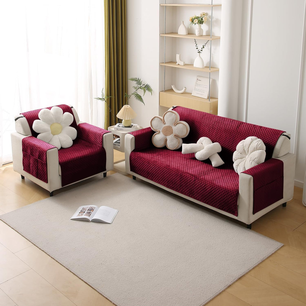 Quilted Velvet Sofa Cover Mat with Side Pockets, Pet Friendly, Sangria Red