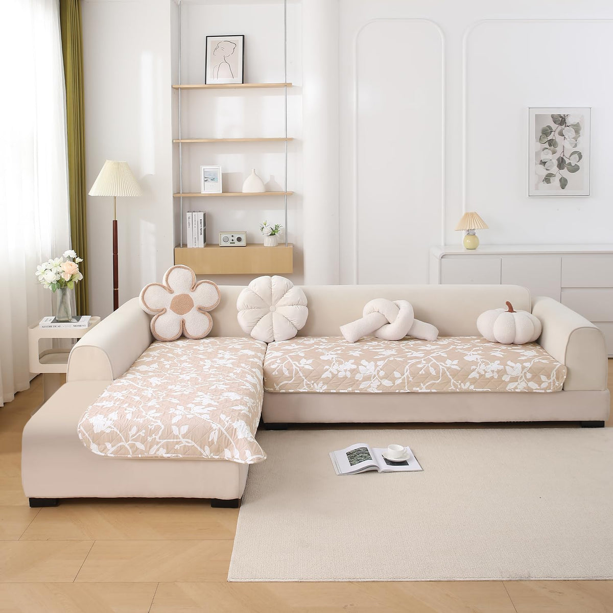 Waterproof Printed Quilted Quick Dry L Shape Sofa Seat Cover Mat, Buff Brown Sillehoute Floral