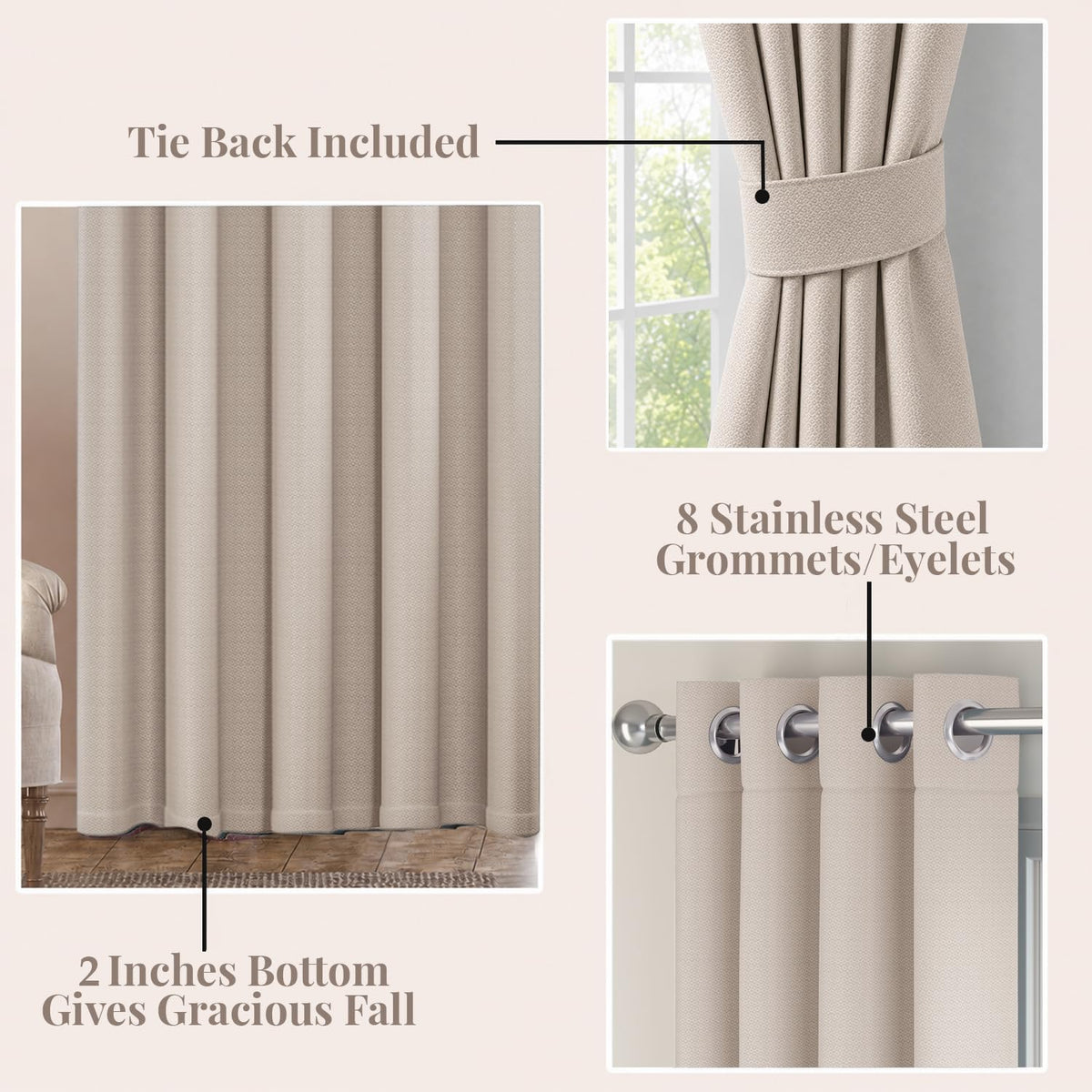 HOKIPO Horizon Dimout Eyelet Curtains, 7 Feet Long - Almond Beige - image 4
