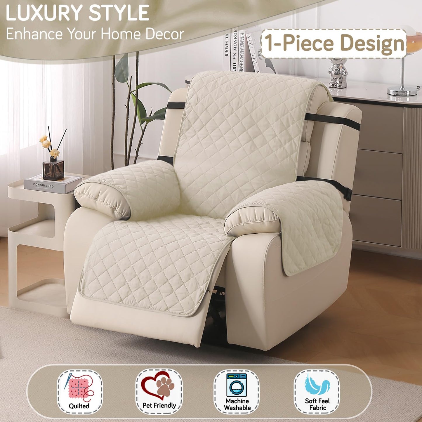 UrbanQuilt Recliner Sofa Slipcover Mat with Dual Belt for 1/2/3 Seater - Cream