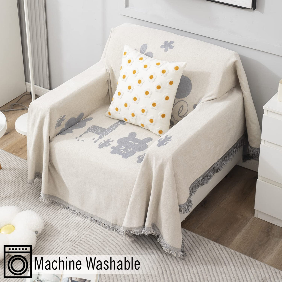 Off-White Nature, Soft and Pet Friendly Chenille Sofa Throw Cover