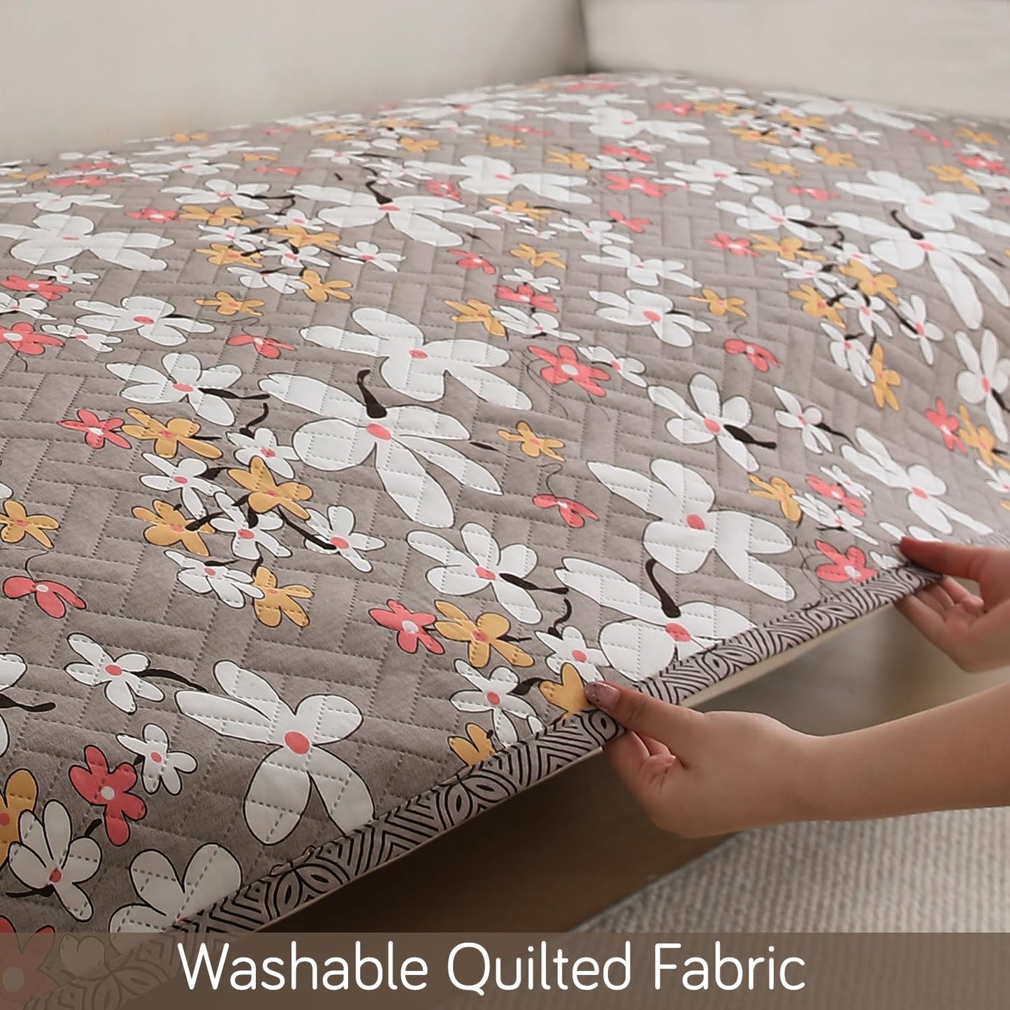 HOKIPO Quilted Sofa Seat Mat for 1/2/3 Seater with 2 Armrest Covers with Pockets, Pastel Brown Sandwort Flower