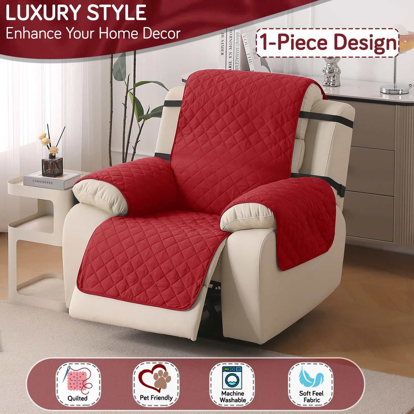 UrbanQuilt Recliner Sofa Slipcover Mat with Dual Belt for 1/2/3 Seater - Scarlet Red