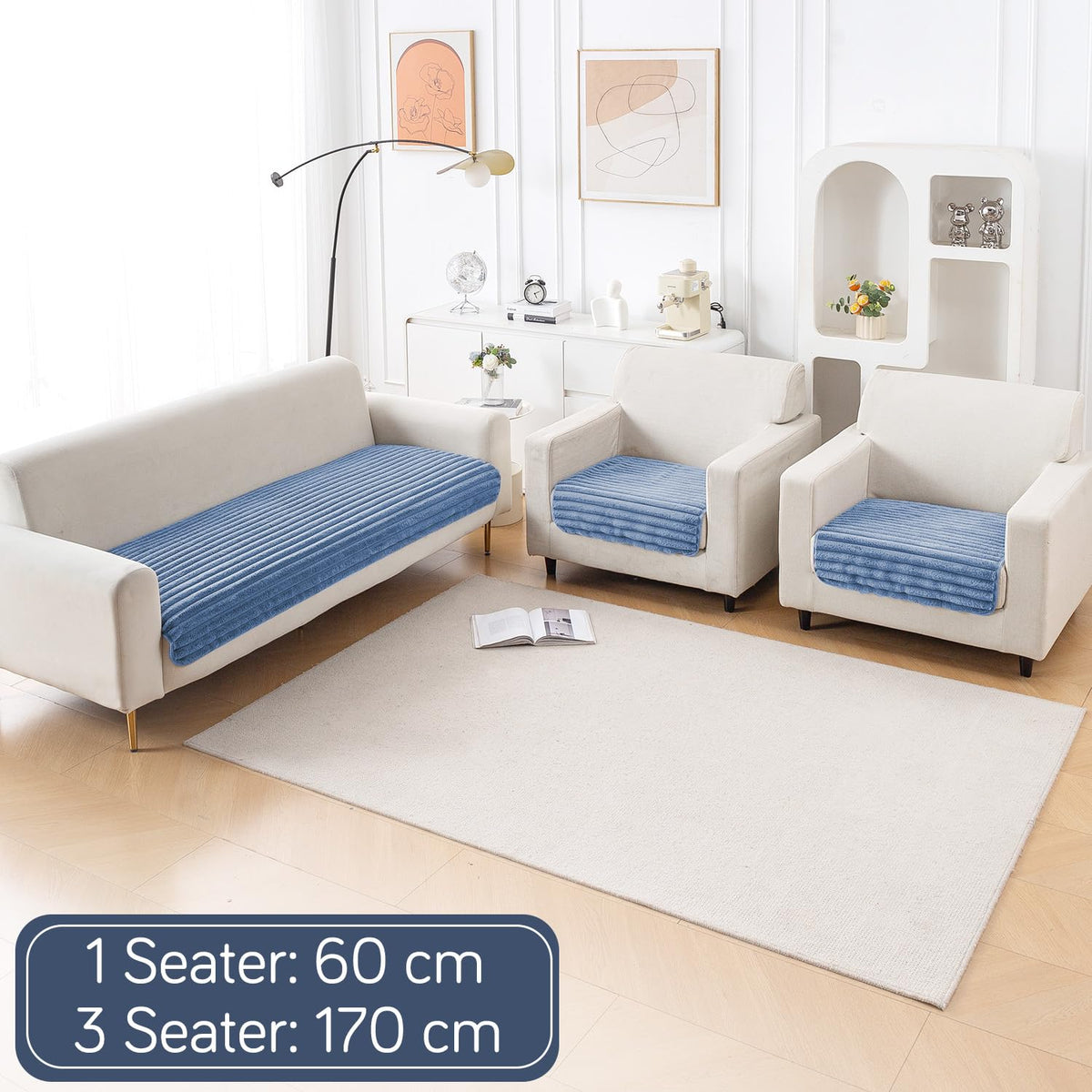 Faux Rabbit Fur Sofa Cover Combination Set, 'Snuggle Fur Series' Denim Blue