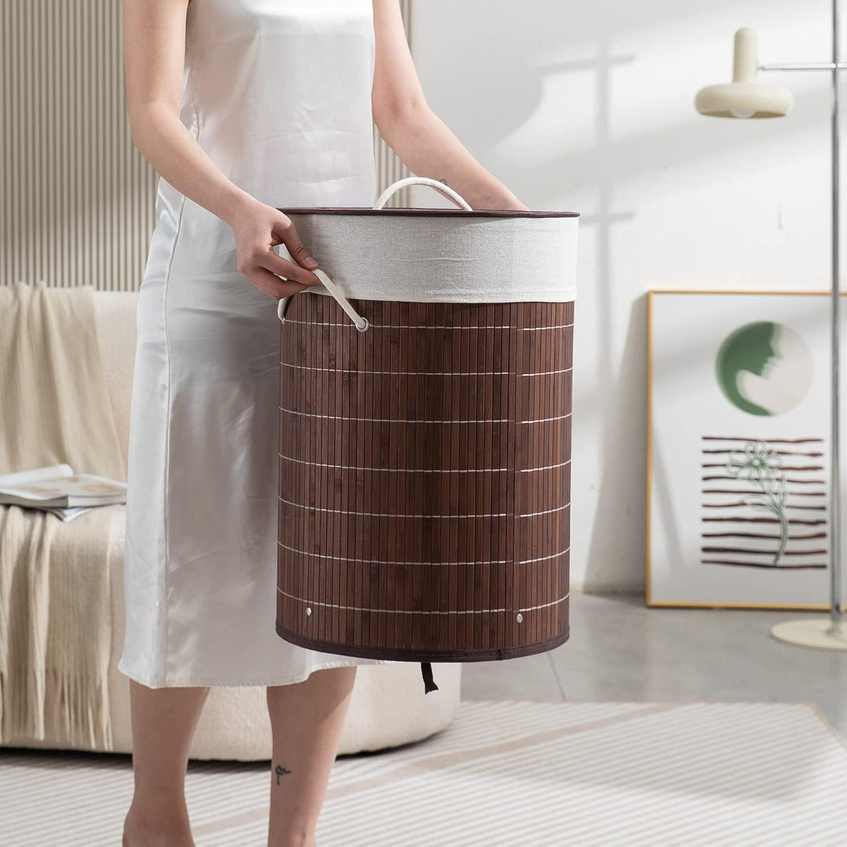 Eco-Friendly Foldable Bamboo Laundry Basket Hamper with Lid, Large - 57 Liter, Coffee Brown