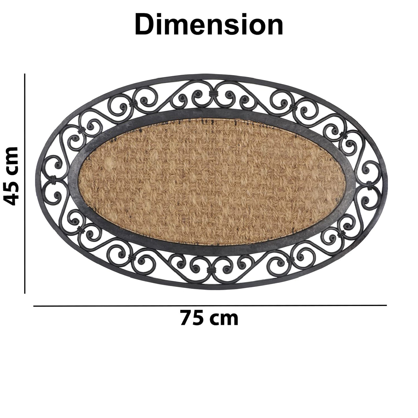 Natural Rubber Coir Oval Doormat with Designer Border, Anti-Slip Rubber Backing, 45x75 cm