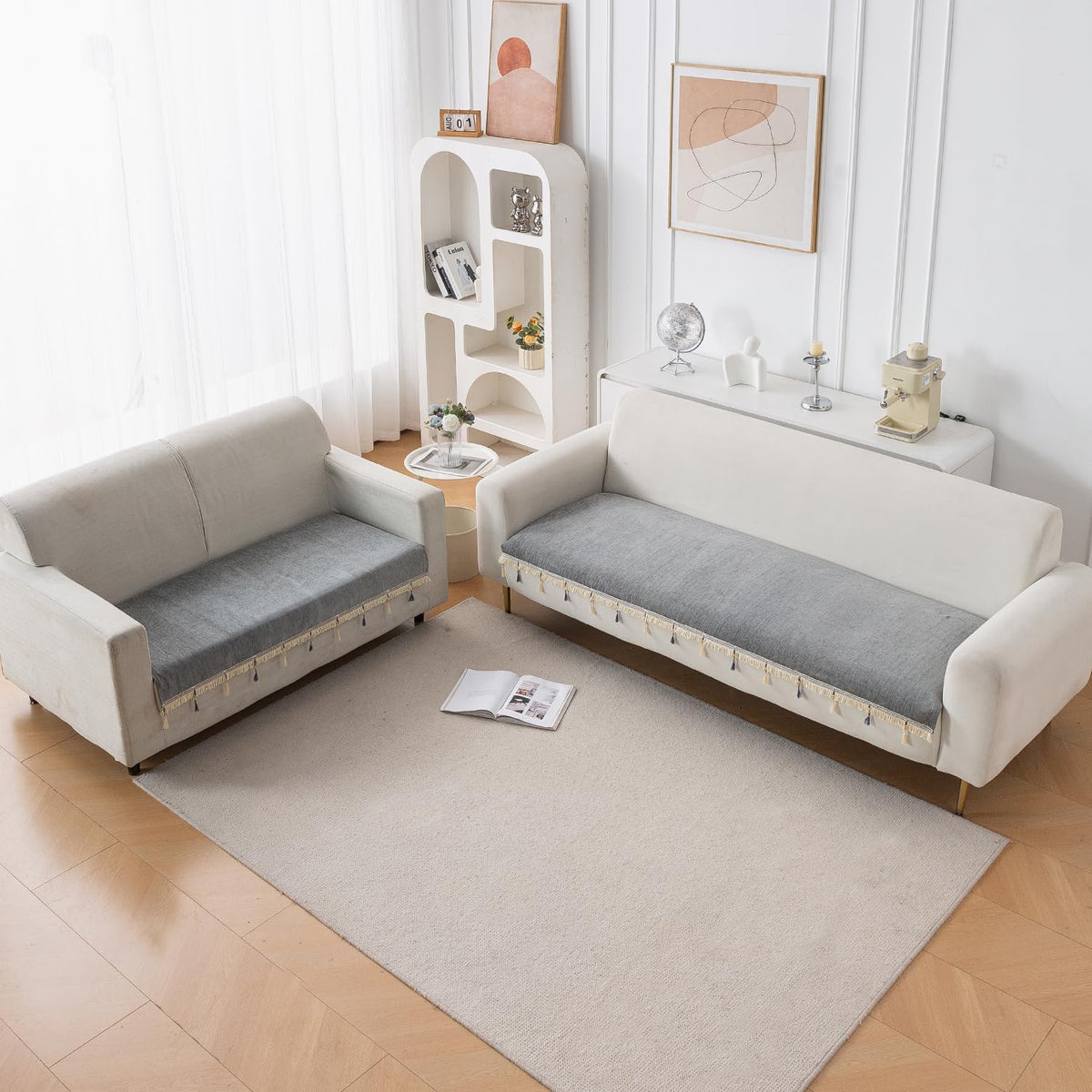 Serenity Tassel Chenille Sofa Cover with Tassel – Glacier Silver