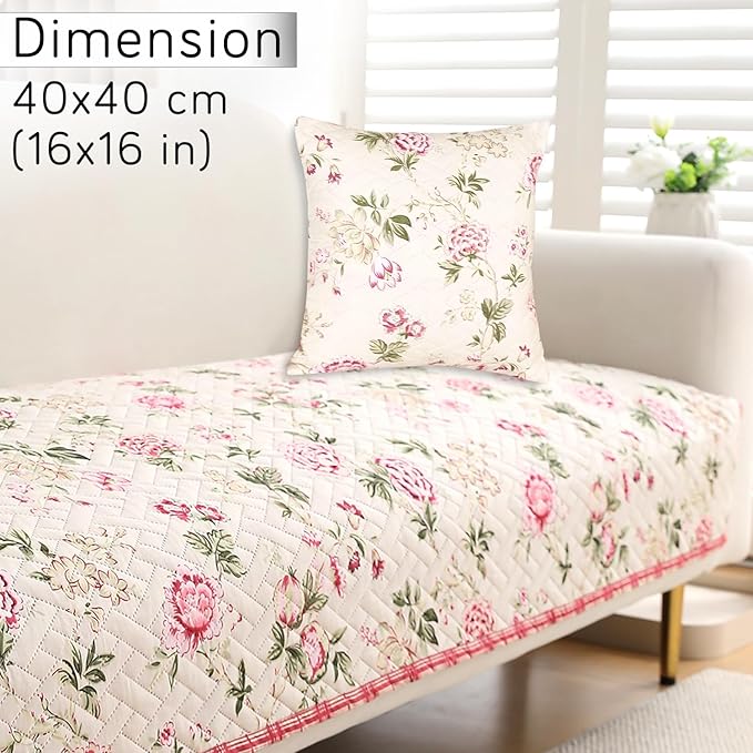 HOKIPO Quilted Sofa Cover Seat Mat for 1/2/3 Seater and Cushion Cover, Beige Peonies