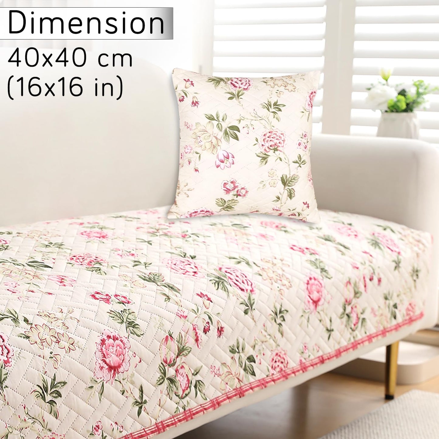 HOKIPO Quilted Sofa Cover Seat Mat for 1/2/3 Seater and Cushion Cover, Beige Peonies