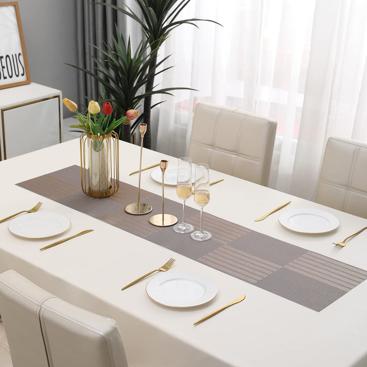 Buy Light Brown Colour PVC Dining Table Runner - HOKIPO | Har Ghar ka Humsafar