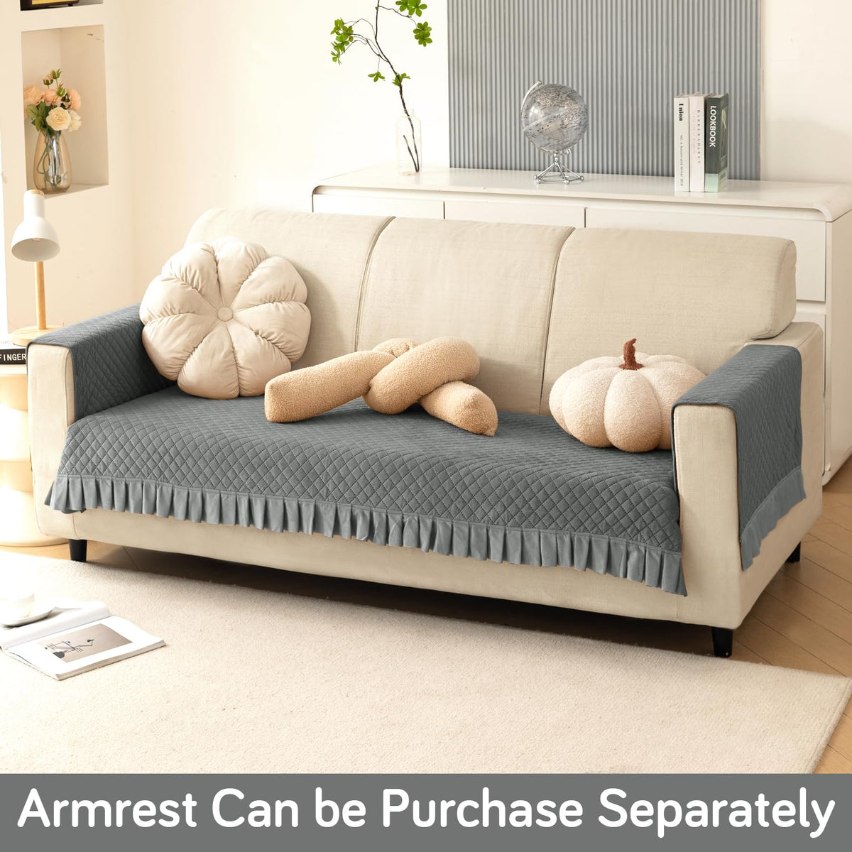 Holland Velvet Sofa Cover Seat Mat with Frill for 1/2/3 - Seater, Grey