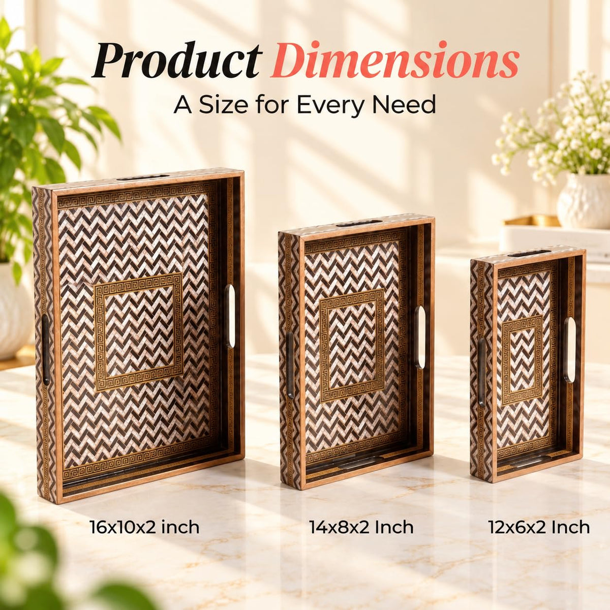 HOKIPO Serving Tray Set of 3, Engineered Wood, Noir Chevron - image 6