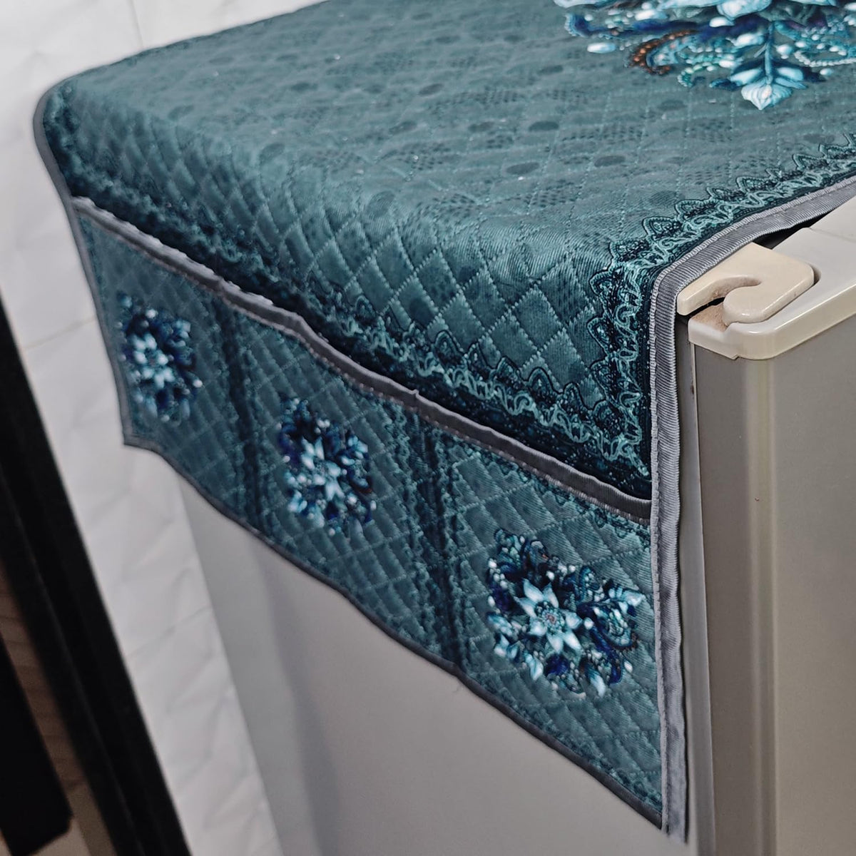 Eternal Floral Printed Quilted Fridge Top Cover with side Pockets - Icy Floral