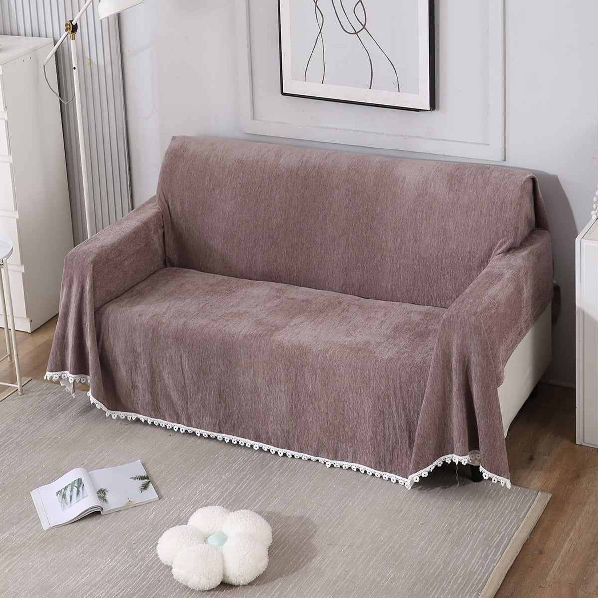 Brown colour chenille sofa throw in size 180(D)x180(L) for one seater, 180(D)x230(L) for two seater, 180(D)x300(L) for 3 seater

