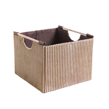 Premium Foldable Storage Bin with Wooden Handles | Corduroy Fabric Organizer Box for Wardrobe, Books, Clothes & Misc Items, Camel