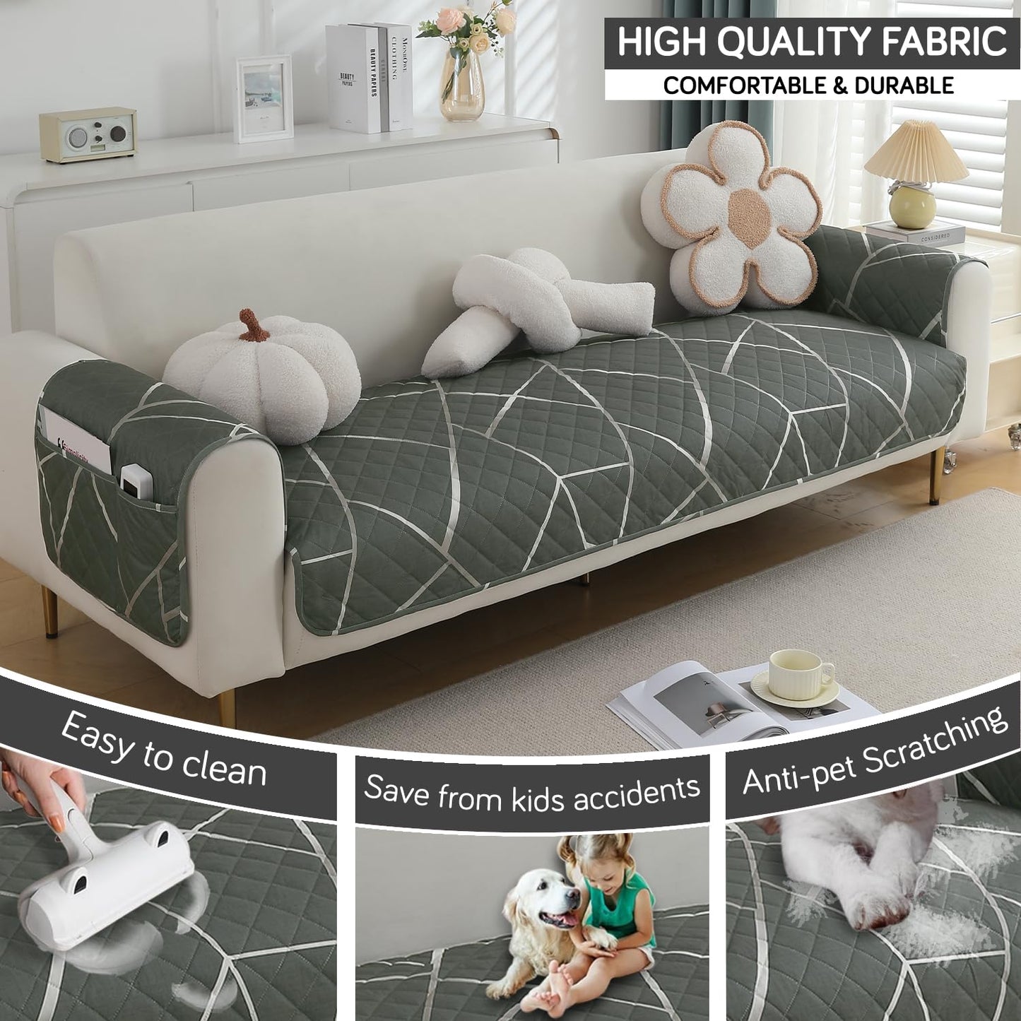 HOKIPO Quilted Waterproof Sofa Seat Mat with 2 Armrest Covers with Pockets, Abstract Geometric Shadow Grey