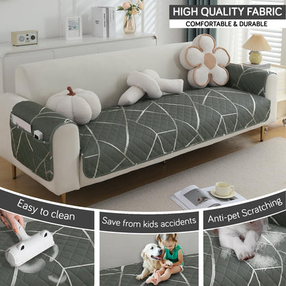 HOKIPO Quilted Waterproof Sofa Seat Mat with 2 Armrest Covers with Pockets, Abstract Geometric Shadow Grey