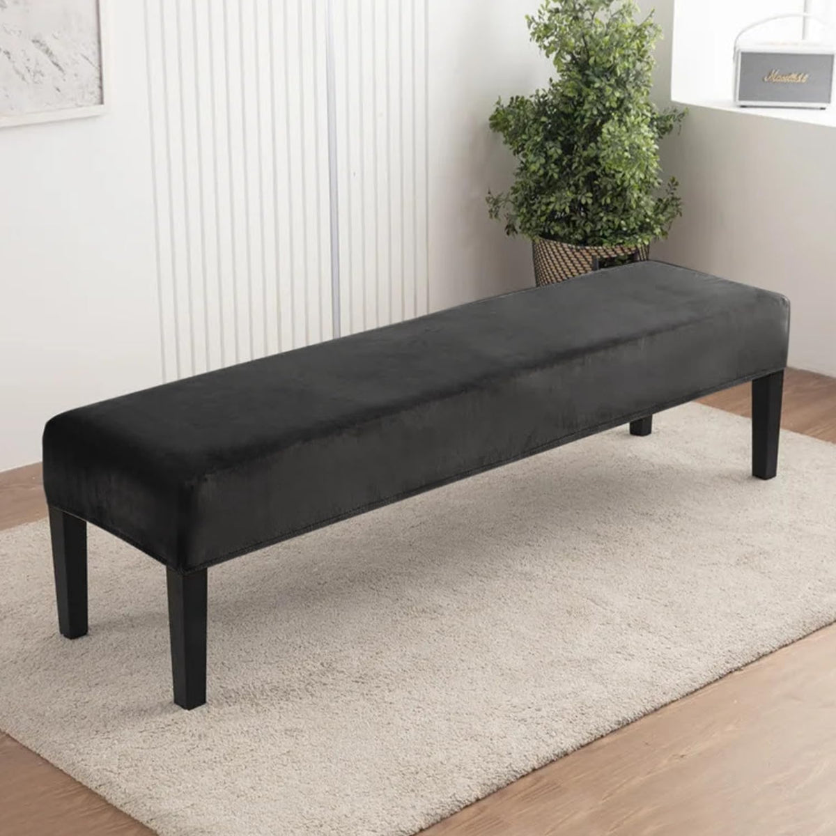 Elastic Fitted Dining Bench Slipcover, Dark Grey