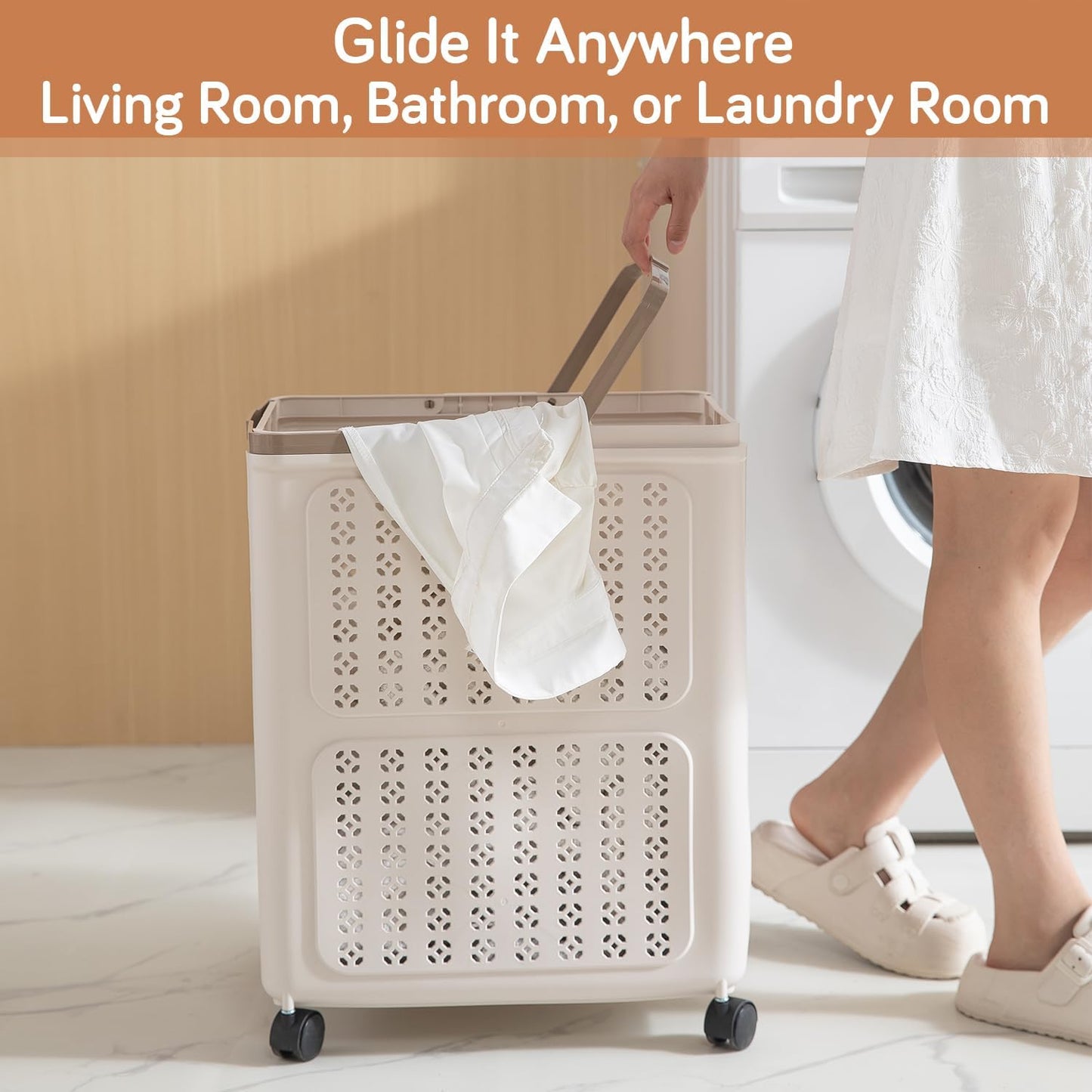 HOKIPO Foldable Laundry Basket with Wheels for Clothes, Toys & More - Beige