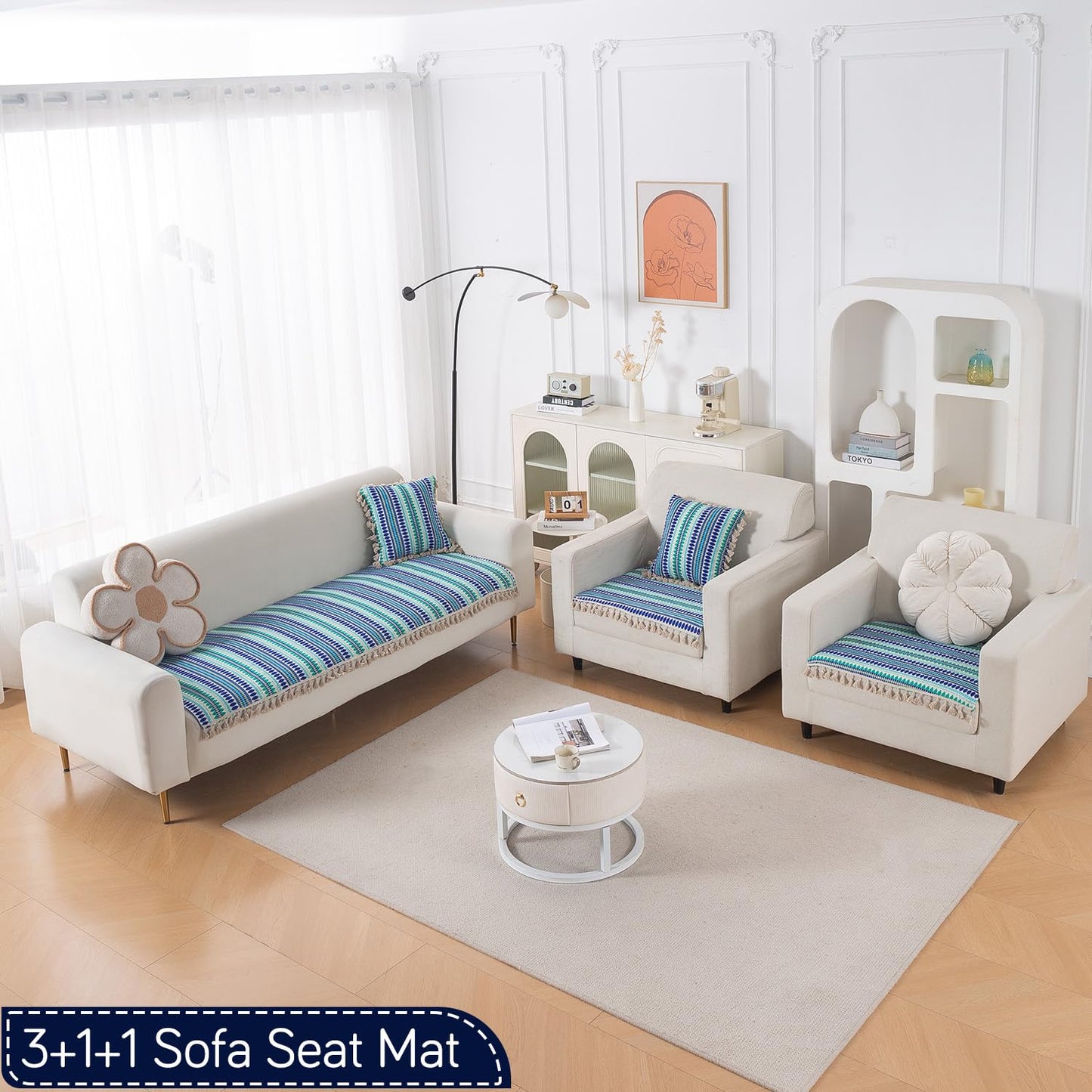 Artisan Boho 5-Seater Sofa Seat Mat with Tassels (3+1+1), Royal Blue