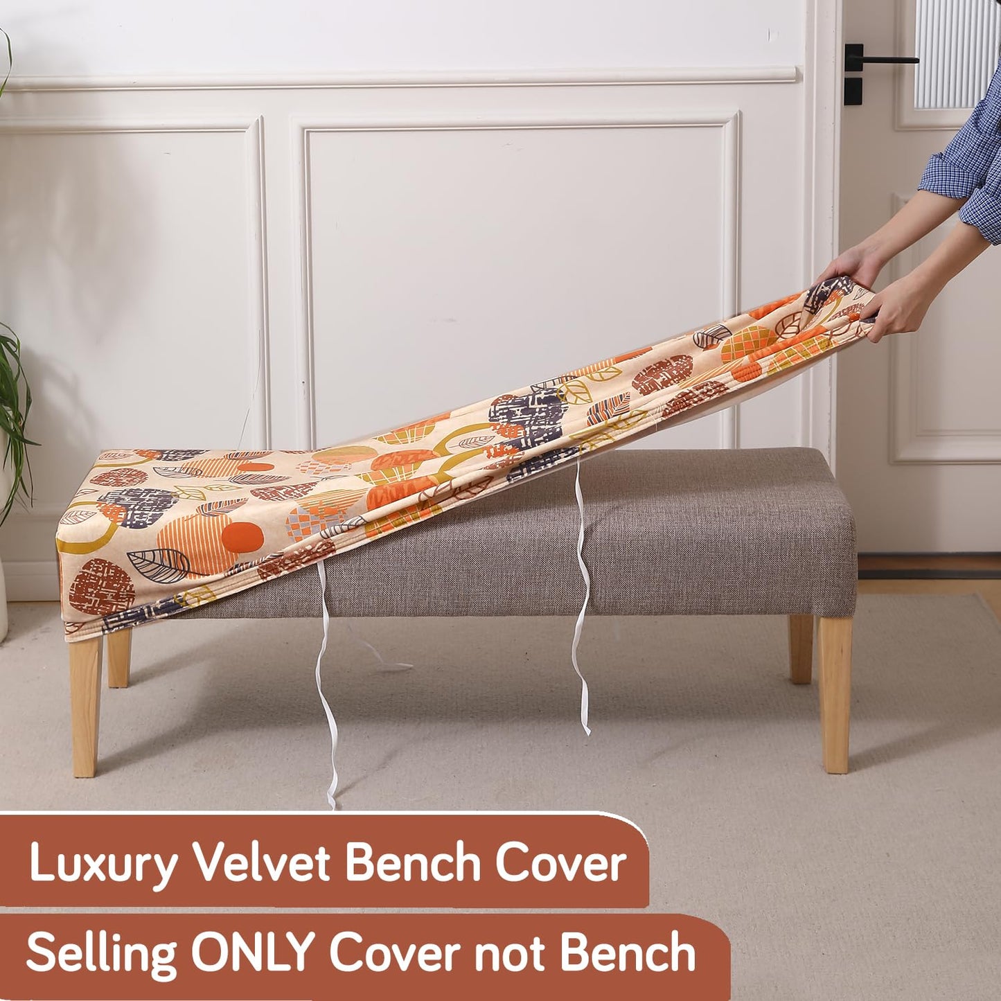 Premium Printed Velvet Dining Bench Cover, Coral Autumn Leaves