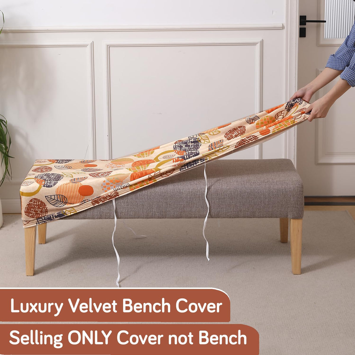 Premium Printed Velvet Dining Bench Cover, Coral Autumn Leaves
