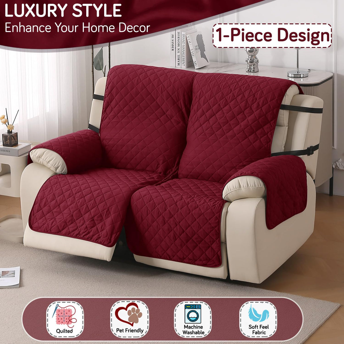 UrbanQuilt Recliner Sofa Slipcover Mat with Dual Belt for 1/2/3 Seater - Maroon