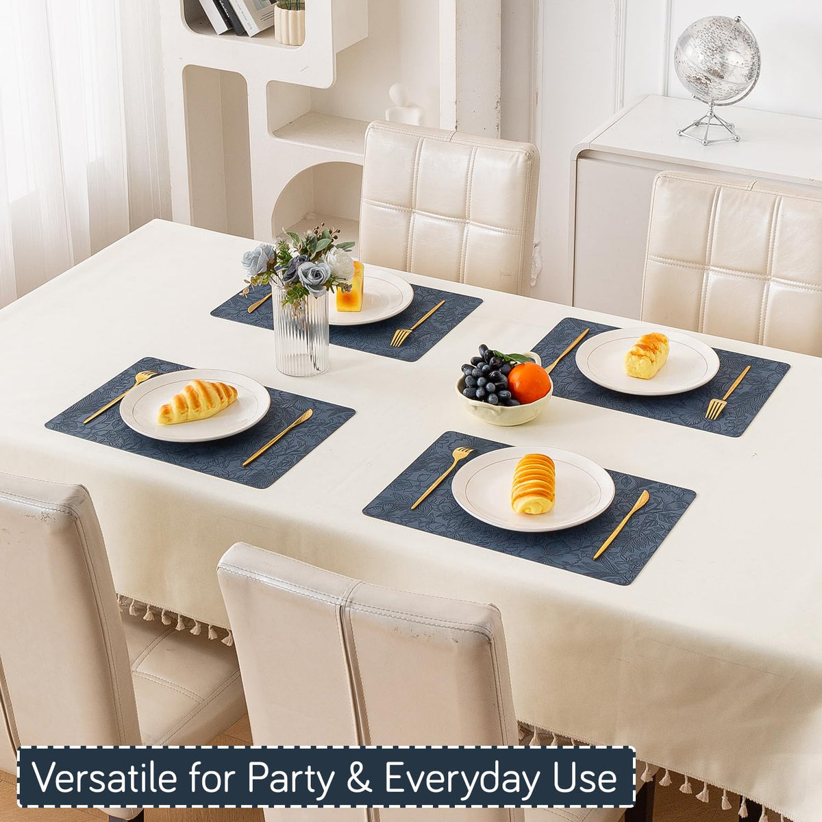 Hibiscus Bloom Washable Leather Mats for Dining Table - Navy Blue