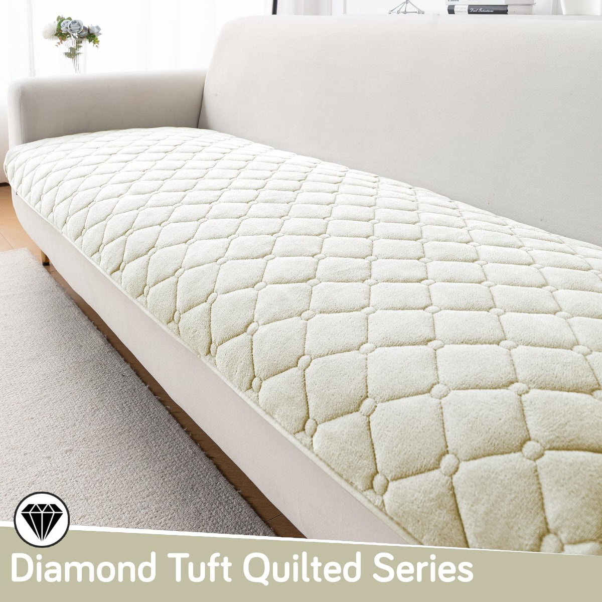 Diamond Tuft Quilted 5-Seater Sofa Mat (3+1+1), Anti-Slip, Ivory Cream