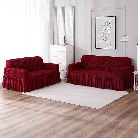 Cherry Red Elastic stretchable Turkish Bubble frill sofa cover for 3 2 seater​ sofa